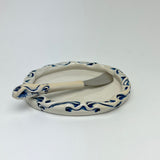 Tray Set - Small Oval Tray & Matching Spreader Nouveau Pattern Blue and White (32-2)
