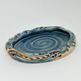 Tray Set - Small Oval Tray & Matching Spreader Floral Pattern Blue with Mahogany Wash (32-1)