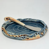Tray Set - Small Oval Tray & Matching Spreader Floral Pattern Blue with Mahogany Wash (32-1)